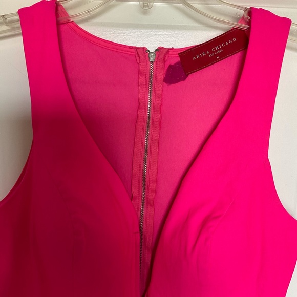 Akira Red Label Bright Neon Pink Bodycon Deep V Dress - Picture 2 of 3